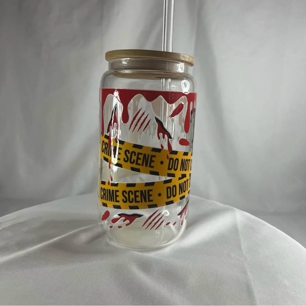 Crime Scene Themed Glass Tumbler with Straw